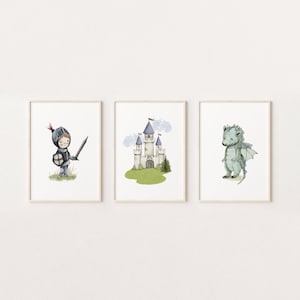 Impressions chevalier, dragon, château : oeuvre d&#39;art murale médiévale pour chambre d&#39;enfant