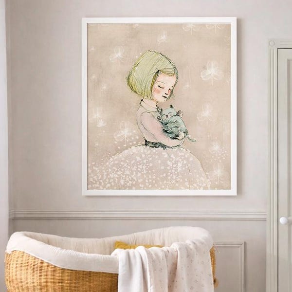 Girl and Cat Watercolor Portrait: Whimsical Nursery Art
