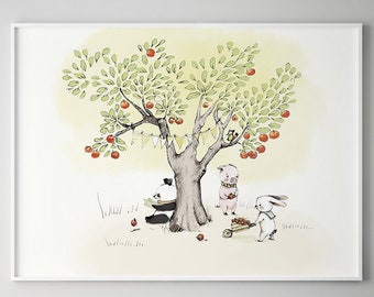 Woodland nursery decor, apple tree print, nursery wall art animals, woodland nursery wall art, girl nursery decor