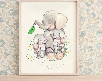 Baby Elephant Nursery Wall Art, Mama and Baby Animal Print, Neutral kids Decor,  Gift
