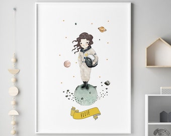 Astronaute fille personnalisé pépinière art mural imprimable, pépinière sur le thème de l'espace, décor de pépinière de l'espace, fille d'art de mur de pépinière