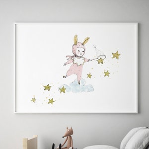 Catching stars, nursery wall art girl, pink girl wall decor, bunny girl nursery, girls room decor image 2