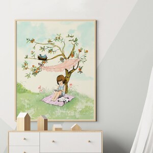 Girl Nursery Wall Art: Reading Under Tree Illustration