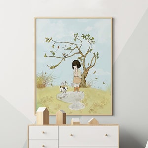 Autumn girl wall decor, nursery art girl, seasons tree, autumn season art image 1