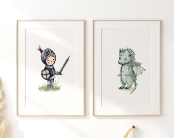 Nursery wall art boy, Knight poster, Dragon print, nursery decor boy, boy room wall art, nursery dragon art, knight and dragon