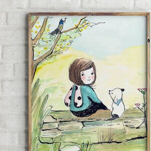 Little Girl and Dog illustration, cottagecore wall art, aesthetic art, original illustration. image 2