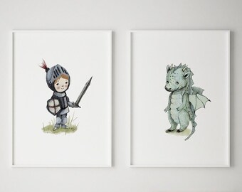 Boy knight and dragon nursery wall art, boy room decor, dragon nursery art