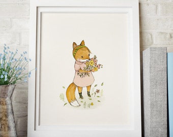 Girl fox nursery wall art, fox illustration, nursery art girl, girls room decor