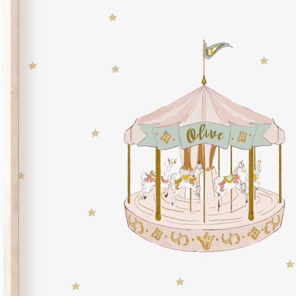 Carnival pink Carousel Art Print, Nursery Print, Fair Illustration, Custom Gift, Personalized Artwork, wall art fair, custom name Carousel