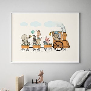 Stampa di animali del treno, decorazione per cameretta dei bambini con trenino, decorazione murale per cameretta dei bambini con fattoria, decorazione murale per cameretta dei bambini con bambino, regalo per baby shower