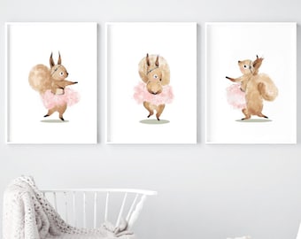 Squirrel nursery ballerina, squirrel gifts, nursery wall art girl, pink ballerina art, woodland nursery wall art, ballerina nursery art