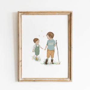 Brothers wall art, big brother little brother, nursery boys wall decor, family wall art, kids illustration image 2