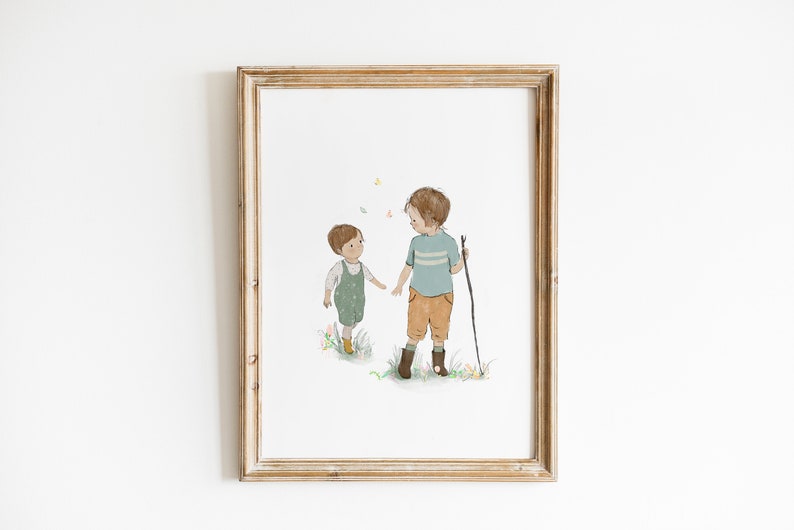 Brothers wall art, big brother little brother, nursery boys wall decor, family wall art, kids illustration image 2