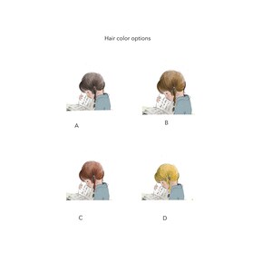May include: Four illustrations of a person reading a book. The person is shown with different hair colors: brown, blonde, light brown, and dark brown. The illustrations are labeled A, B, C, and D.