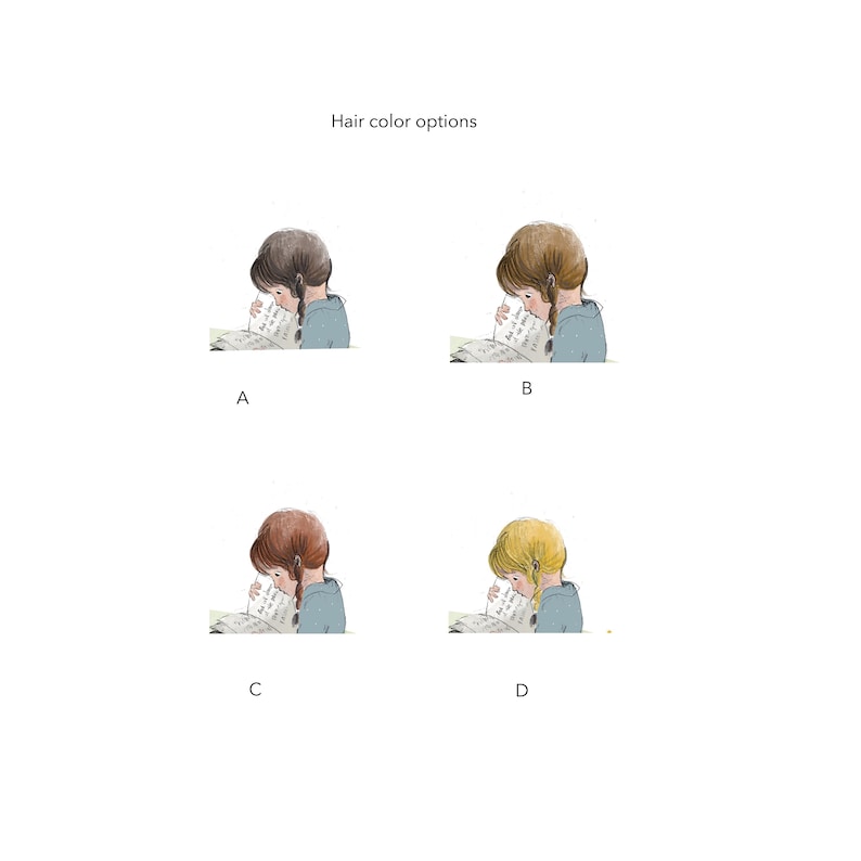 May include: Four illustrations of a person reading a book. The person is shown with different hair colors: brown, blonde, light brown, and dark brown. The illustrations are labeled A, B, C, and D.