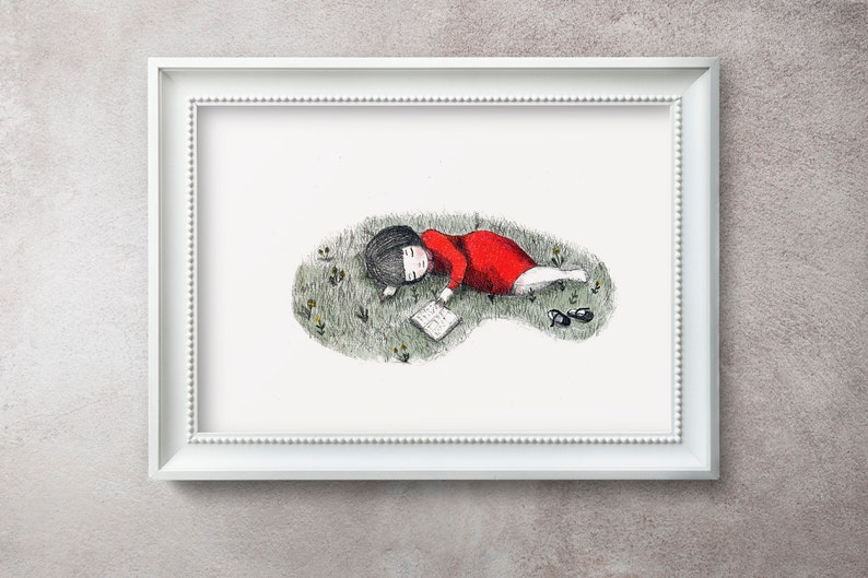 Girl Sleeping Wall Art, Red Dress Illustration Art, Etsy