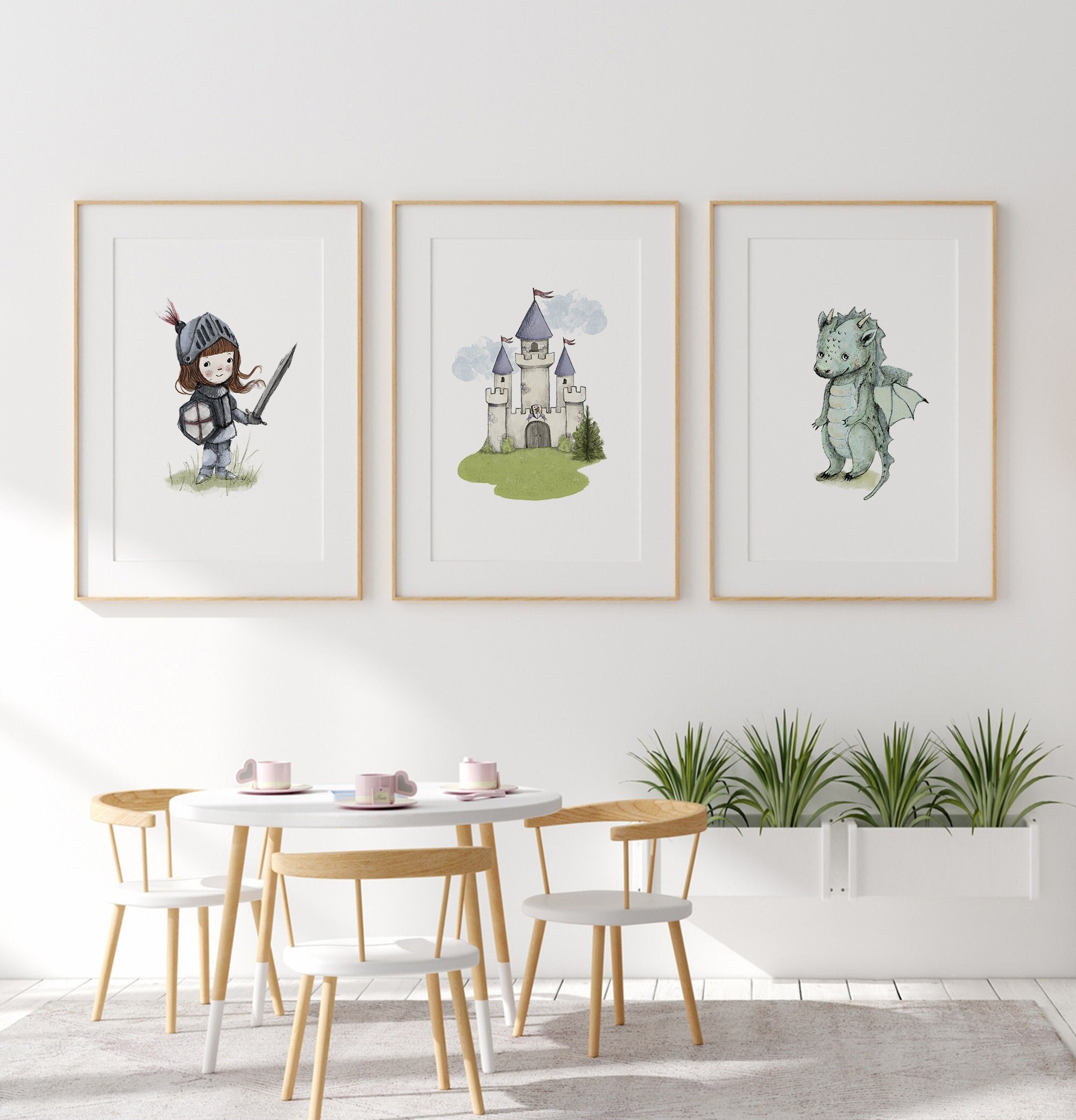 Custom Name Print, Medieval Digital Print, Knight and Castle Set of 3,  Personalized Nursery Wall Art, Kids Room Decor 