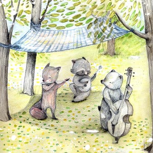 Groupe de musique d'animaux des bois, art mural musical, décoration de chambre d'enfant, art de chambre d'enfant des bois