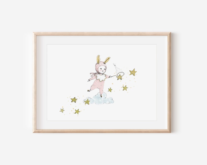 Catching stars, nursery wall art girl, pink girl wall decor, bunny girl nursery, girls room decor image 1