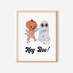 Cute ghost print, pastel Halloween decor, Halloween printable, girls Halloween wall art, party decor, witches hat, boho print image 1
