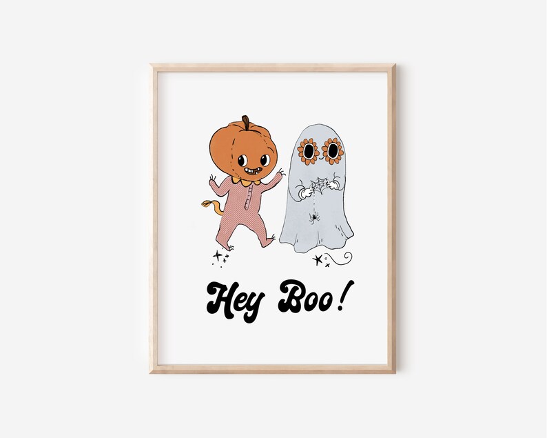 Cute ghost print, pastel Halloween decor, Halloween printable, girls Halloween wall art, party decor, witches hat, boho print image 1