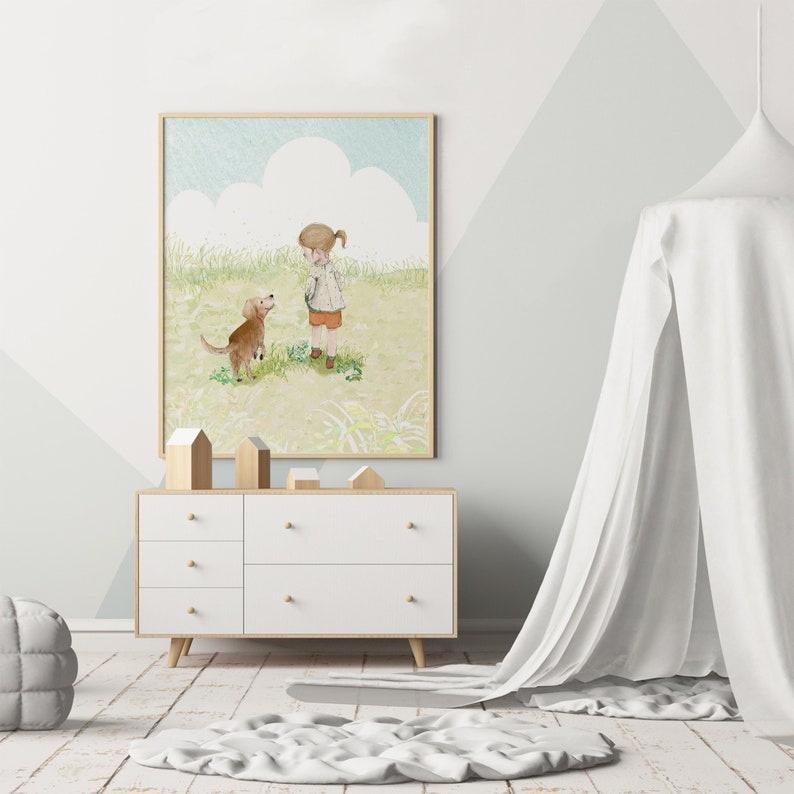 Girl and dog illustration, golden retriever art, girls room wall art, golden retriever gifts image 1