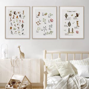 Juego de 2 o 3 láminas de animales del bosque para guardería, pósteres educativos del alfabeto y números con animales del bosque, arte mural Montessori