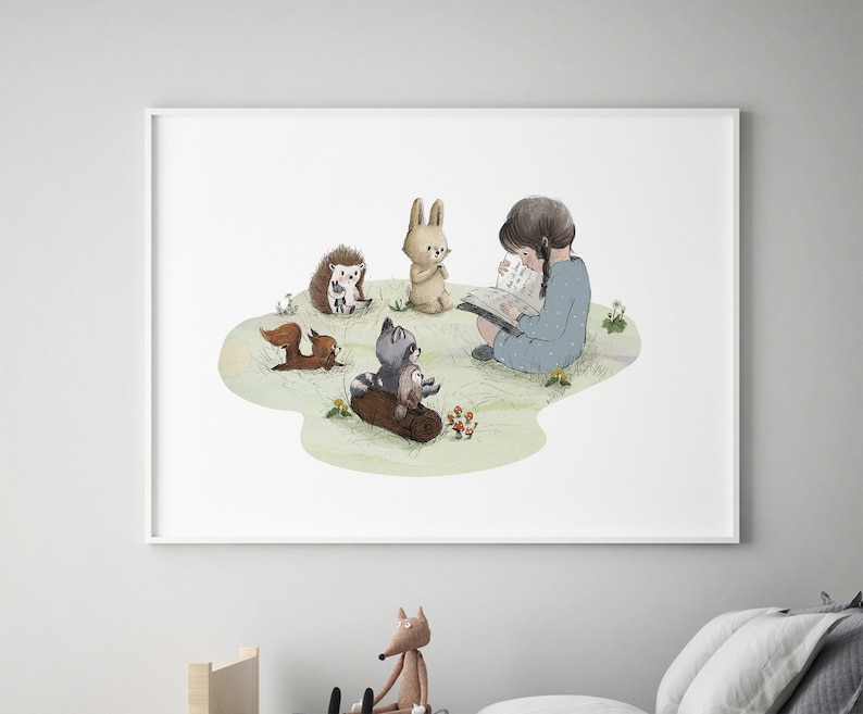 May include: A watercolor illustration of a girl reading a book to a group of woodland animals. The animals include a rabbit, a hedgehog, a squirrel, and two raccoons. The girl is sitting on the ground with her legs crossed and is wearing a blue dress. The animals are sitting around her, listening attentively.