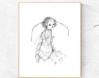 Moth Girl portrait black and white, magical fairy art prints, buterfly fairy wall art, Kids Art, girls room decor, moth wings