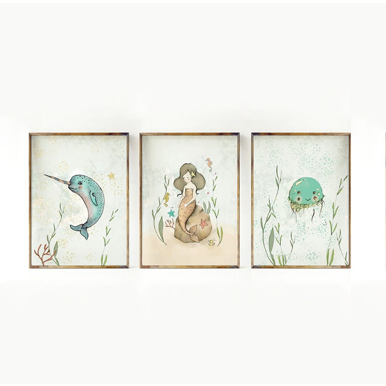 Mermaid wall art, under the sea wall art, ocean nursery decor, nautical nursery set, ocean wall art, ocean life prints, sea animal prints image 2