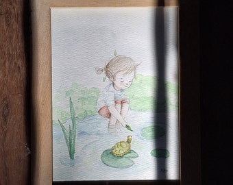 Turtle and me, Original Framed illustration girl, girl and turtle drawing, nature original art, framed art, wooden frame, framed, gift