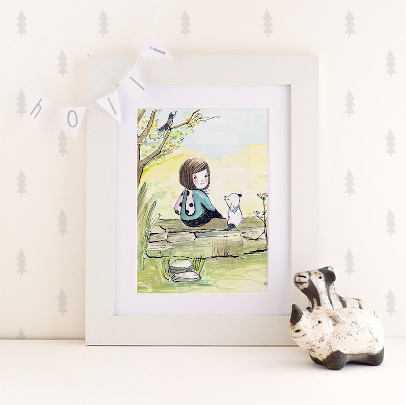 Little Girl and Dog illustration, cottagecore wall art, aesthetic art, original illustration. image 5