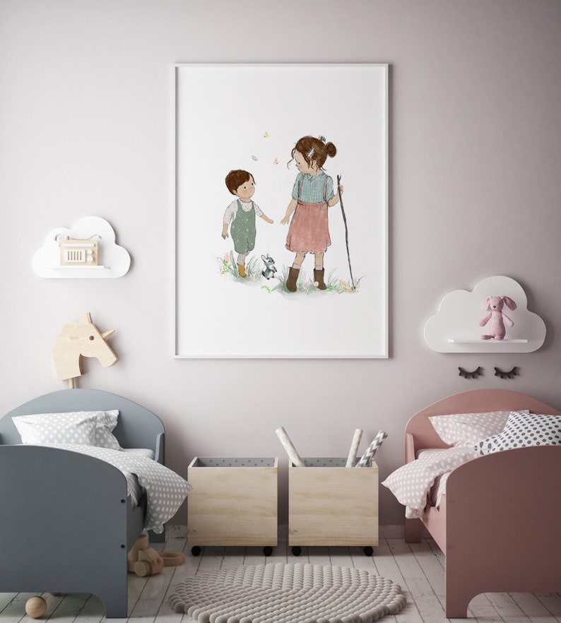 Geschwister Wandkunst, Bruder und Schwester Wandkunst, Kinderzimmer Wanddeko, Kinderzimmer Dekor, Familie Wandkunst, kleine Schwester kleine Bruder Wandkunst Bild 2