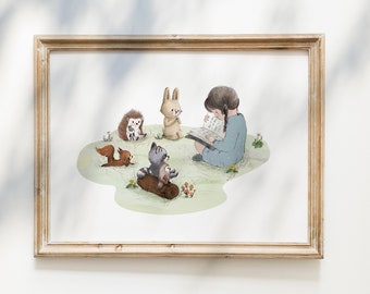 Girl Reading to Woodland Animals Print: Cottagecore Nursery Decor