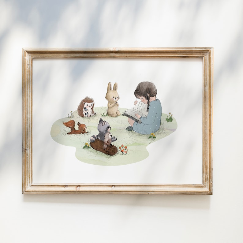 May include: A watercolor illustration of a girl reading a book to a group of woodland animals. The animals include a rabbit, a raccoon, a squirrel, and a hedgehog. The girl is sitting on the ground with her legs crossed and wearing a blue dress. The animals are sitting around her in a circle. The background is a green field with flowers.
