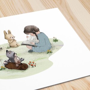 May include: A young girl sits on a grassy knoll reading a book to a group of woodland animals. A squirrel, a hedgehog, a rabbit, and a raccoon with an owl perched on its back listen attentively.