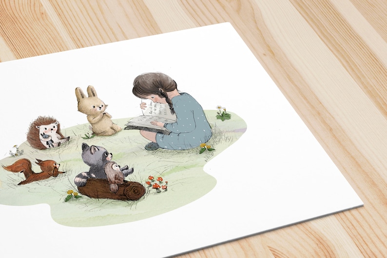 May include: A young girl sits on a grassy knoll reading a book to a group of woodland animals. A squirrel, a hedgehog, a rabbit, and a raccoon with an owl perched on its back listen attentively.