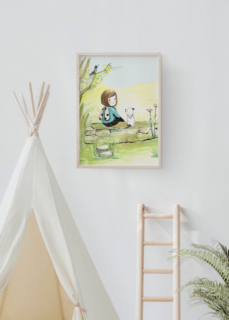 Little Girl and Dog illustration, cottagecore wall art, aesthetic art, original illustration. image 3