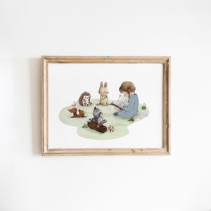 Girl Reading to Woodland Animals Print: Cottagecore Nursery Decor Girl B