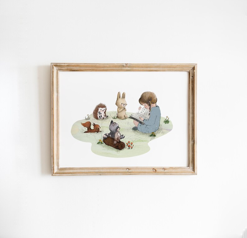 Girl Reading to Woodland Animals Print: Cottagecore Nursery Decor Girl B