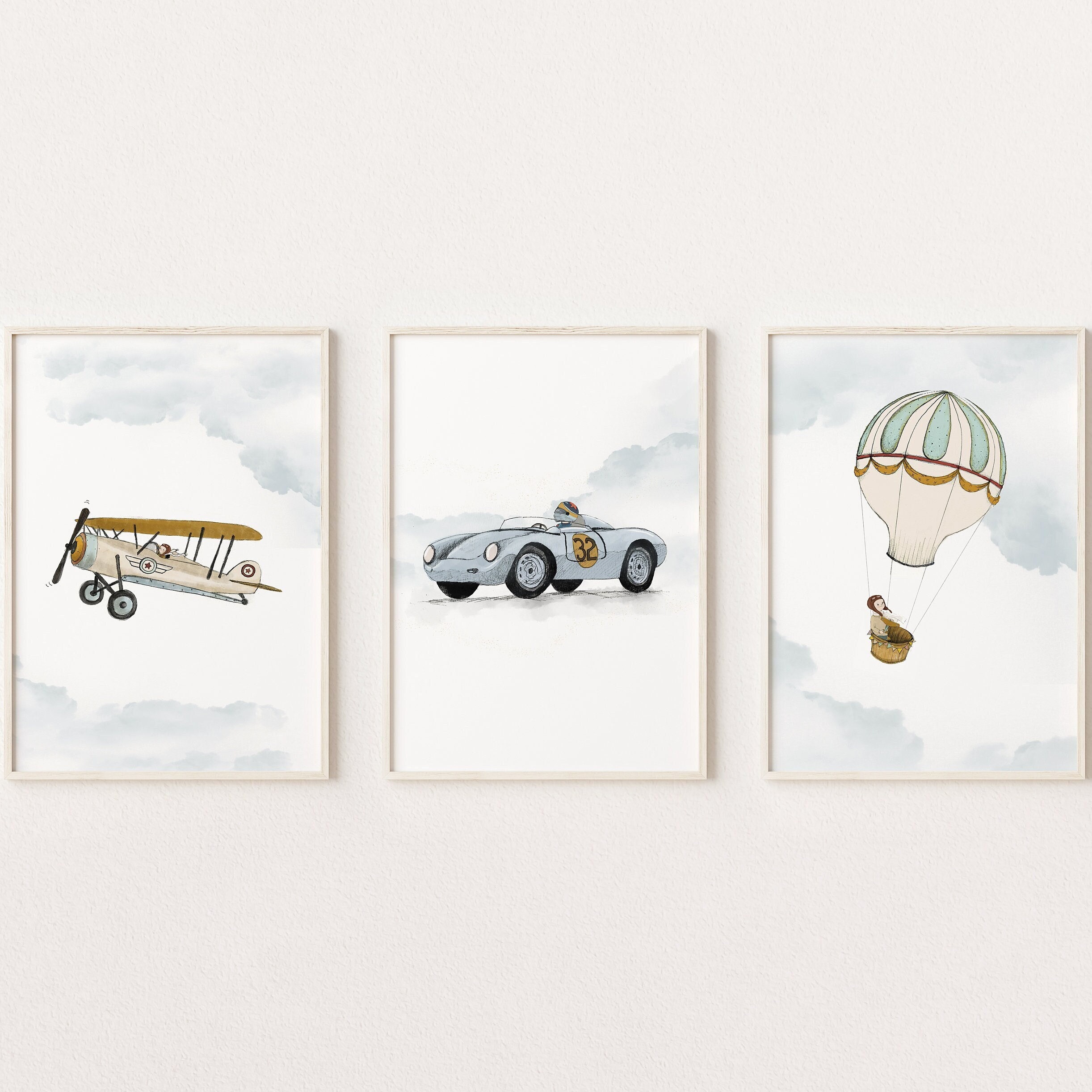 Transportation Nursery Print Set: Vintage Car, Airplane, Balloon Wall Art