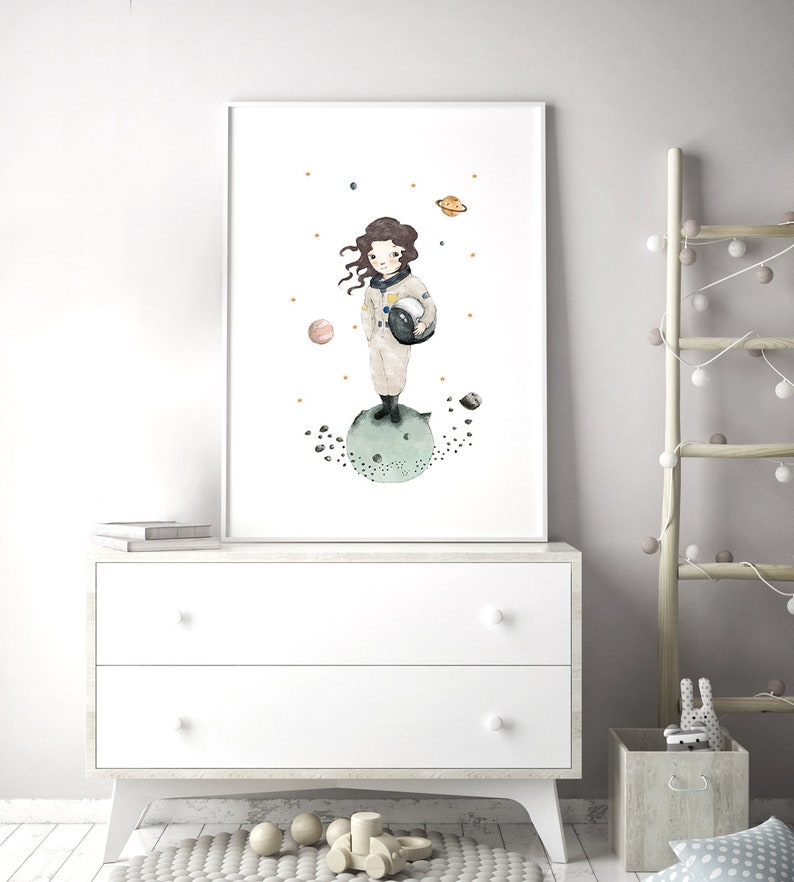Girl astronaut prints set, nursery wall art printable, space themed nursery, solar system print, nursery decor girl image 3