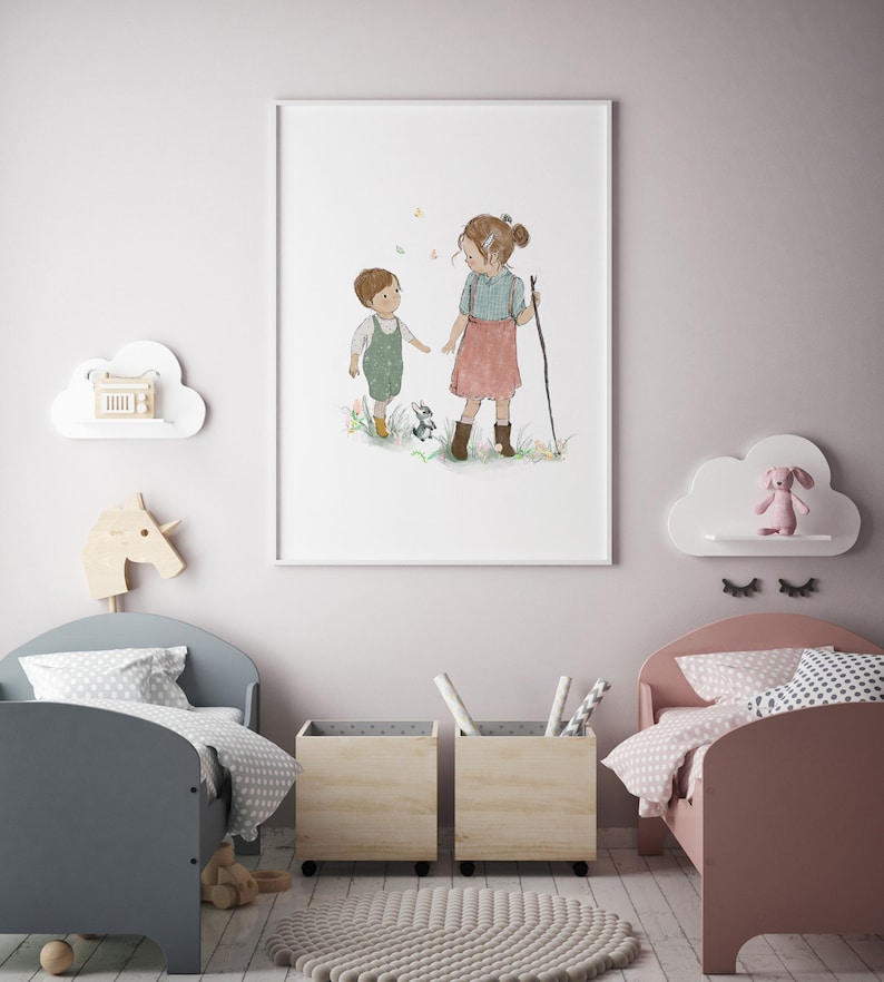 Geschwister Wandkunst, Bruder und Schwester Wandkunst, Kinderzimmer Wanddeko, Kinderzimmer Dekor, Familie Wandkunst, kleine Schwester kleine Bruder Wandkunst Bild 3