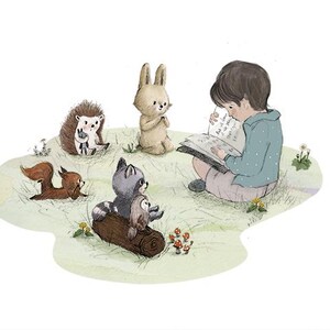 May include: A child sits on the ground reading a book to a group of woodland animals. The animals include a rabbit, a hedgehog, a squirrel, and a raccoon. The scene is set in a grassy clearing with flowers.
