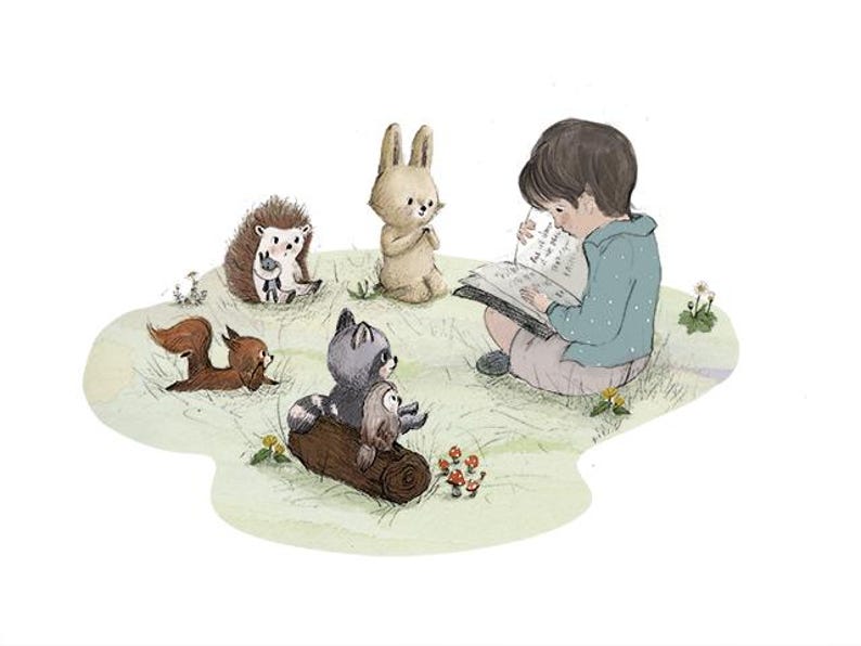 May include: A child sits on the ground reading a book to a group of woodland animals. The animals include a rabbit, a hedgehog, a squirrel, and a raccoon. The scene is set in a grassy clearing with flowers.
