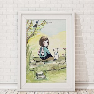 Little Girl and Dog illustration, cottagecore wall art, aesthetic art, original illustration. image 4