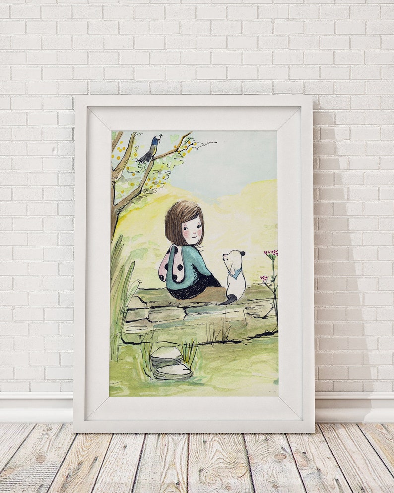 Little Girl and Dog illustration, cottagecore wall art, aesthetic art, original illustration. image 4