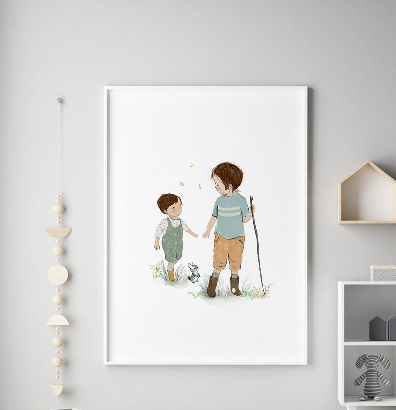 Brothers wall art, big brother little brother, nursery boys wall decor, family wall art, kids illustration image 1