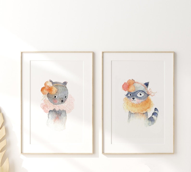 Woodland animals nursery girl, woodland nursery decor, nursery woodland animals, nursery raccoon, nursery bear, nursery wall art animals image 1