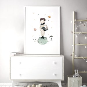 Niño de decoración de guardería, arte de pared de guardería, niño astronauta, arte de pared espacial, guardería de astronautas, arte de pared del espacio exterior, arte de pared de astronauta Brunette